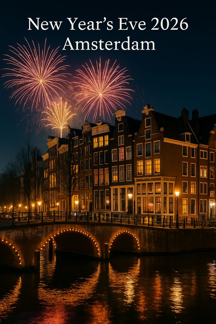 New Year's Eve fireworks over Amsterdam canal with boats and crowds