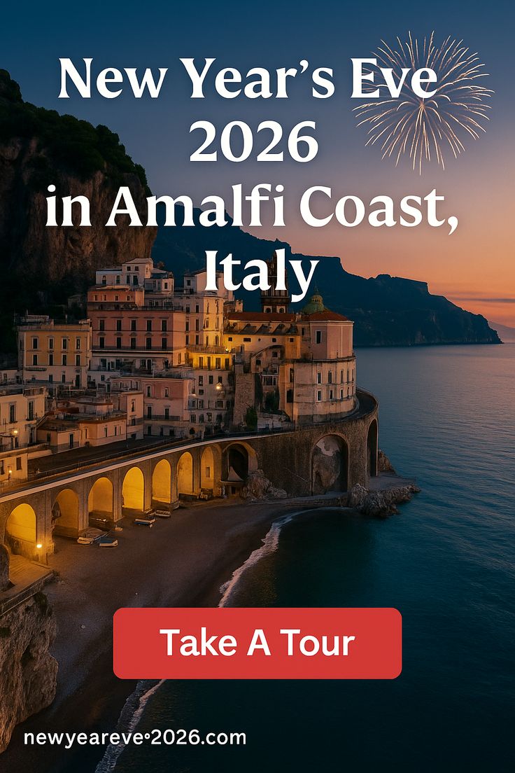 Amalfi Coast view with New Year's Eve fireworks over the sea