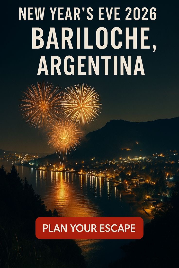Night view of fireworks over Nahuel Huapi Lake with Andes backdrop