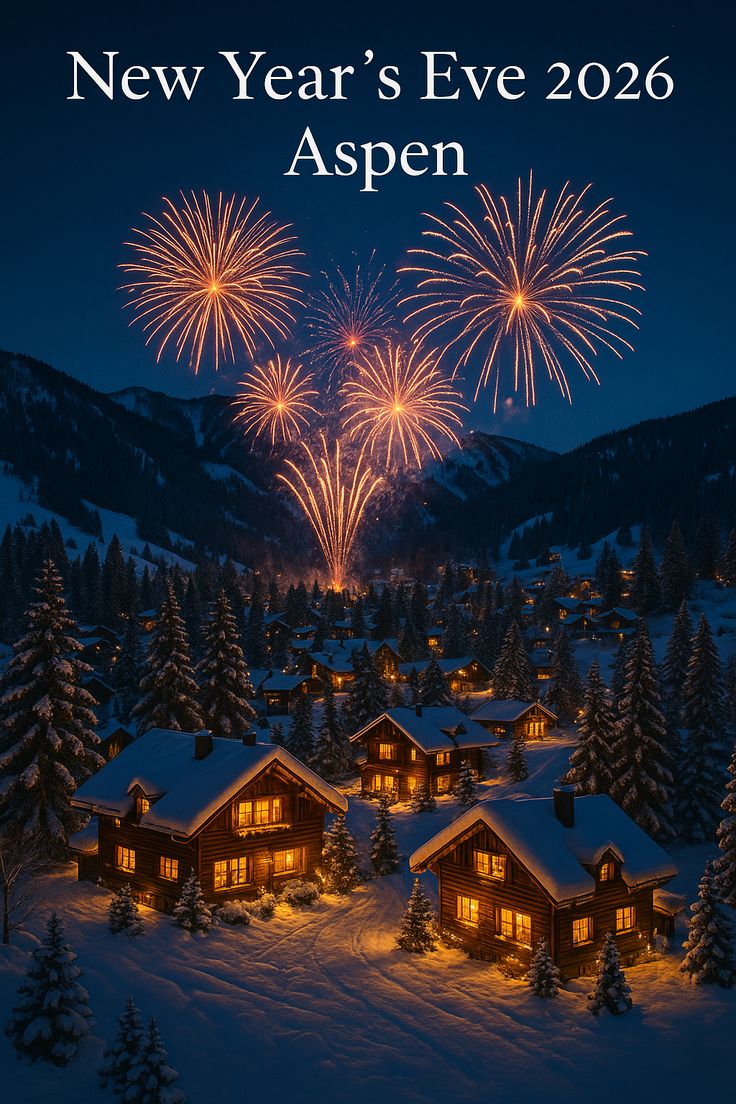 Snow-covered Aspen at night with New Year's Eve fireworks