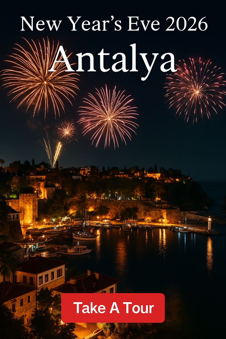 Antalya harbor lit up during New Year's Eve fireworks